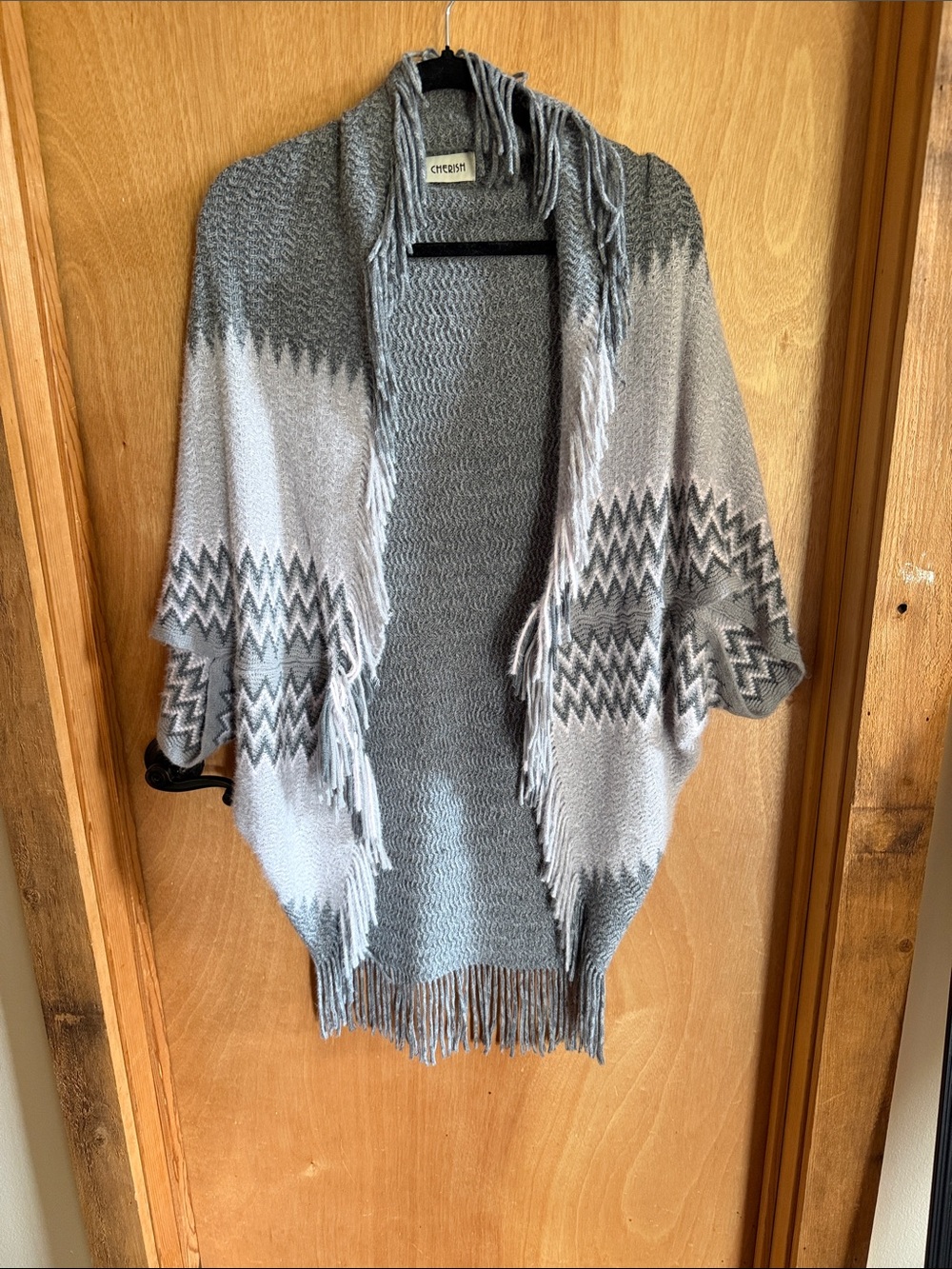 Cherish Two-Tone Grey Fringe Knit Wrap Cardigan